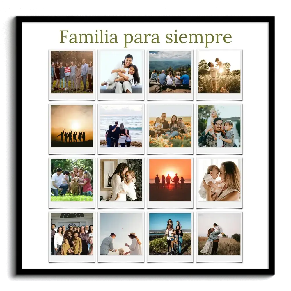 Collage de 16 fotos familiares estilo Polaroid con marco negro, un regalo para toda la familia