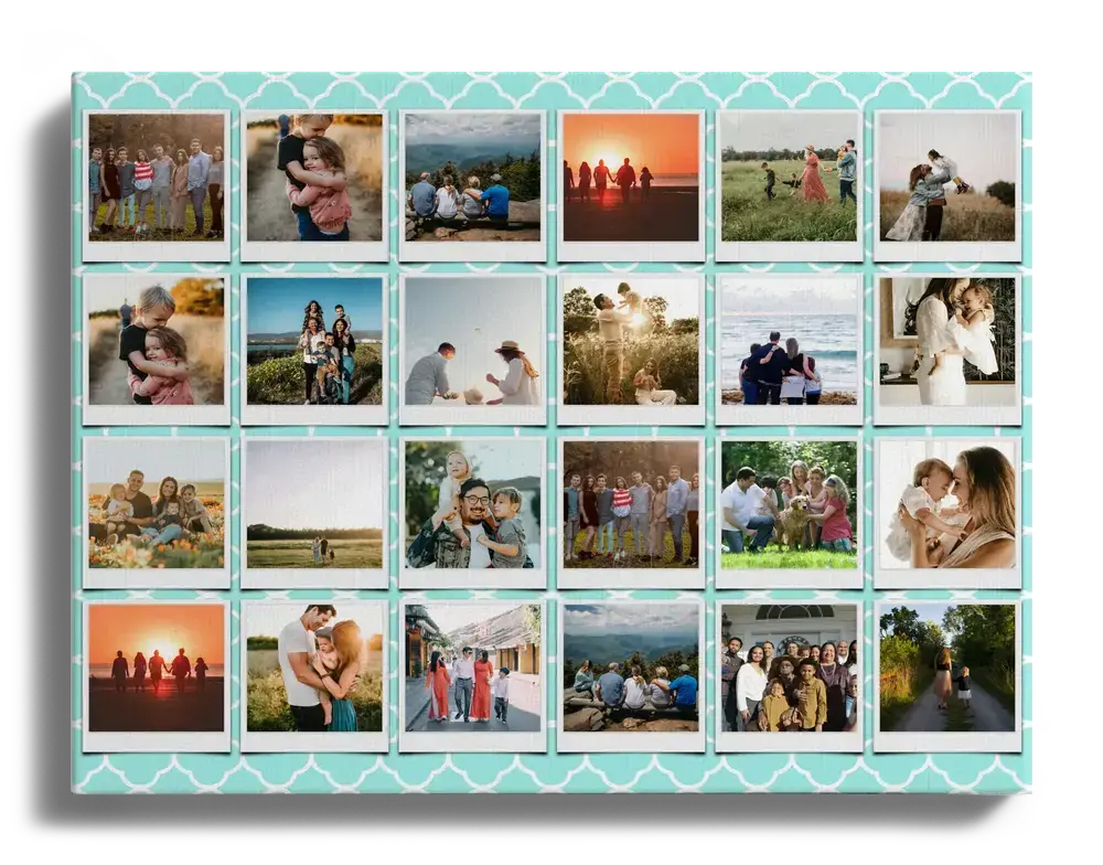 Collage de 24 fotos familiares estilo Polaroid en lienzo con estampado turquesa, un regalo para la familia