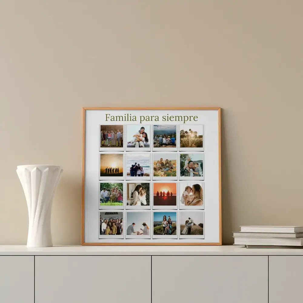 Collage familiar estilo Polaroid con título y marco de madera sobre un aparador, un regalo para toda la familia