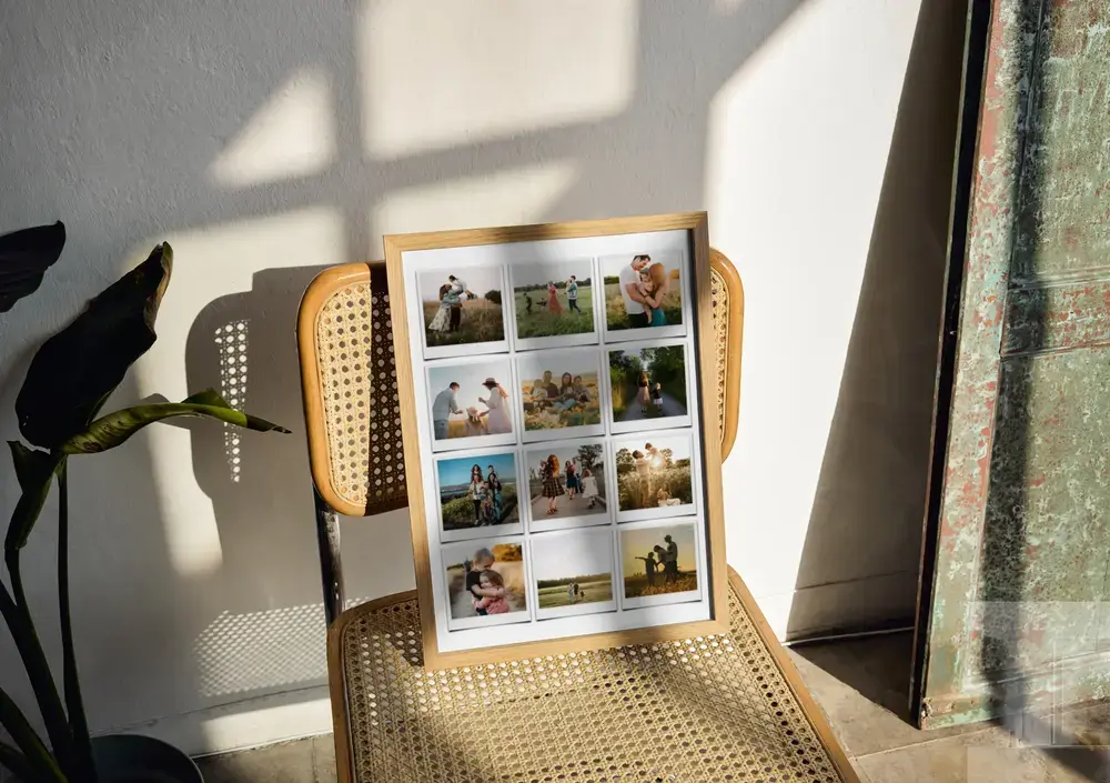 Collage familiar estilo Polaroid en marco de madera natural sobre una silla de rejilla, un regalo para la familia