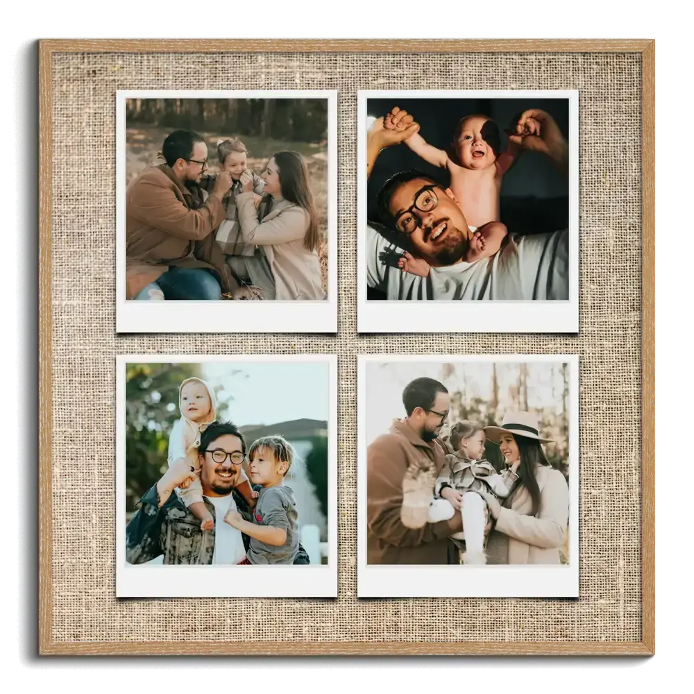 Cuatro fotos familiares estilo Polaroid sobre fondo efecto lino con marco de madera, un regalo familiar personalizado