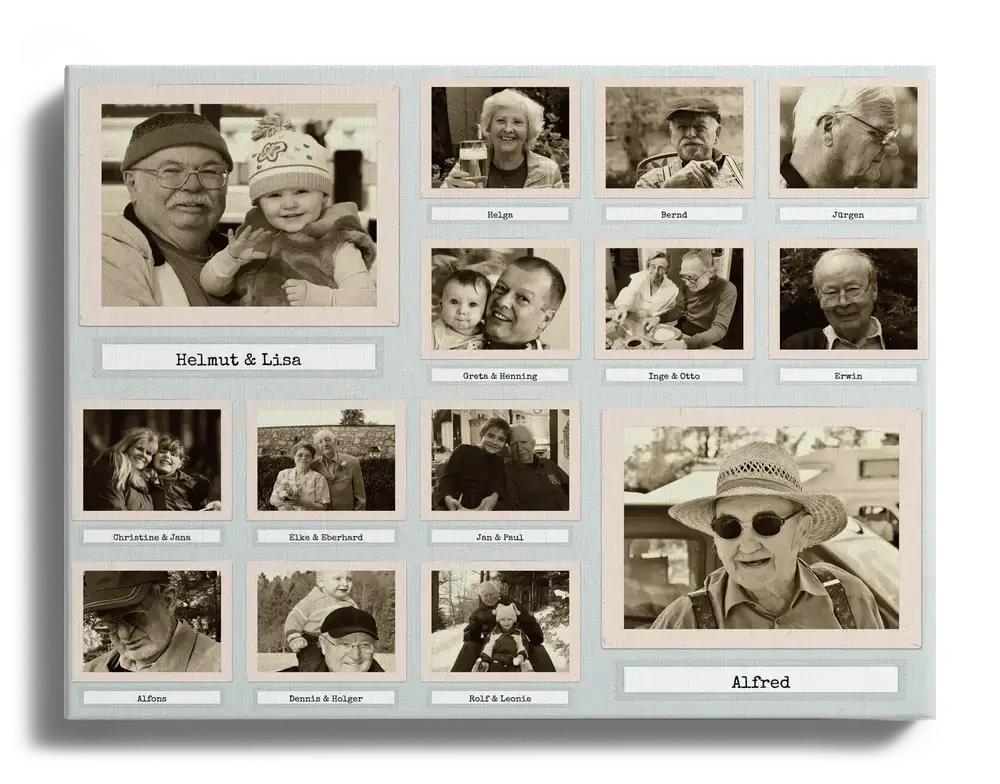 Collage de fotos retro en lienzo con retratos familiares en sepia, estilo Polaroid y nombres personalizados