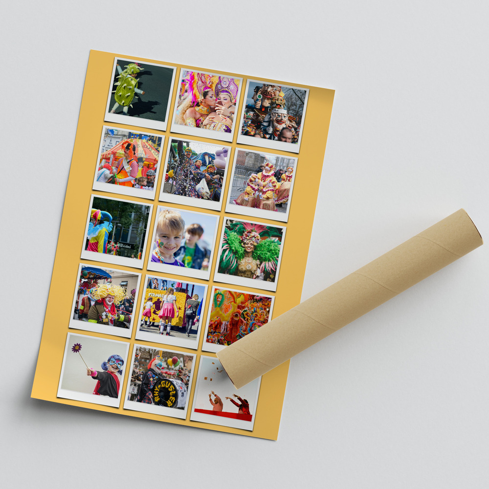 Póster de collage de carnaval con 15 fotos estilo Polaroid sobre fondo amarillo, junto a un tubo de envío