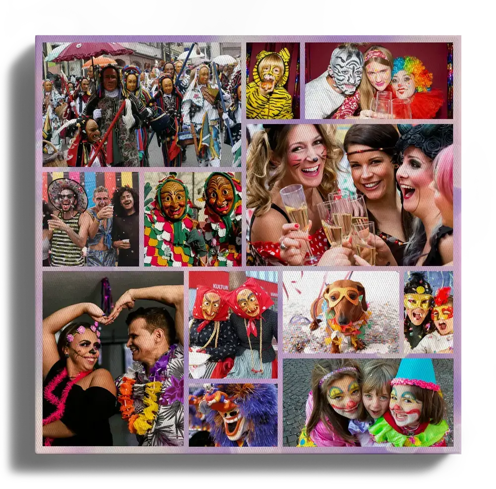 Collage de fotos de carnaval en lienzo vertical, con disfraces, máscaras y niños con la cara pintada