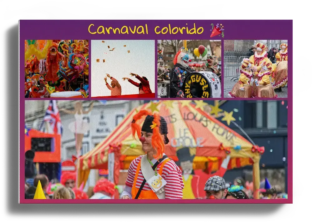 Collage de carnaval en lienzo horizontal con cinco fotos de desfiles y disfraces y un título sobre fondo morado