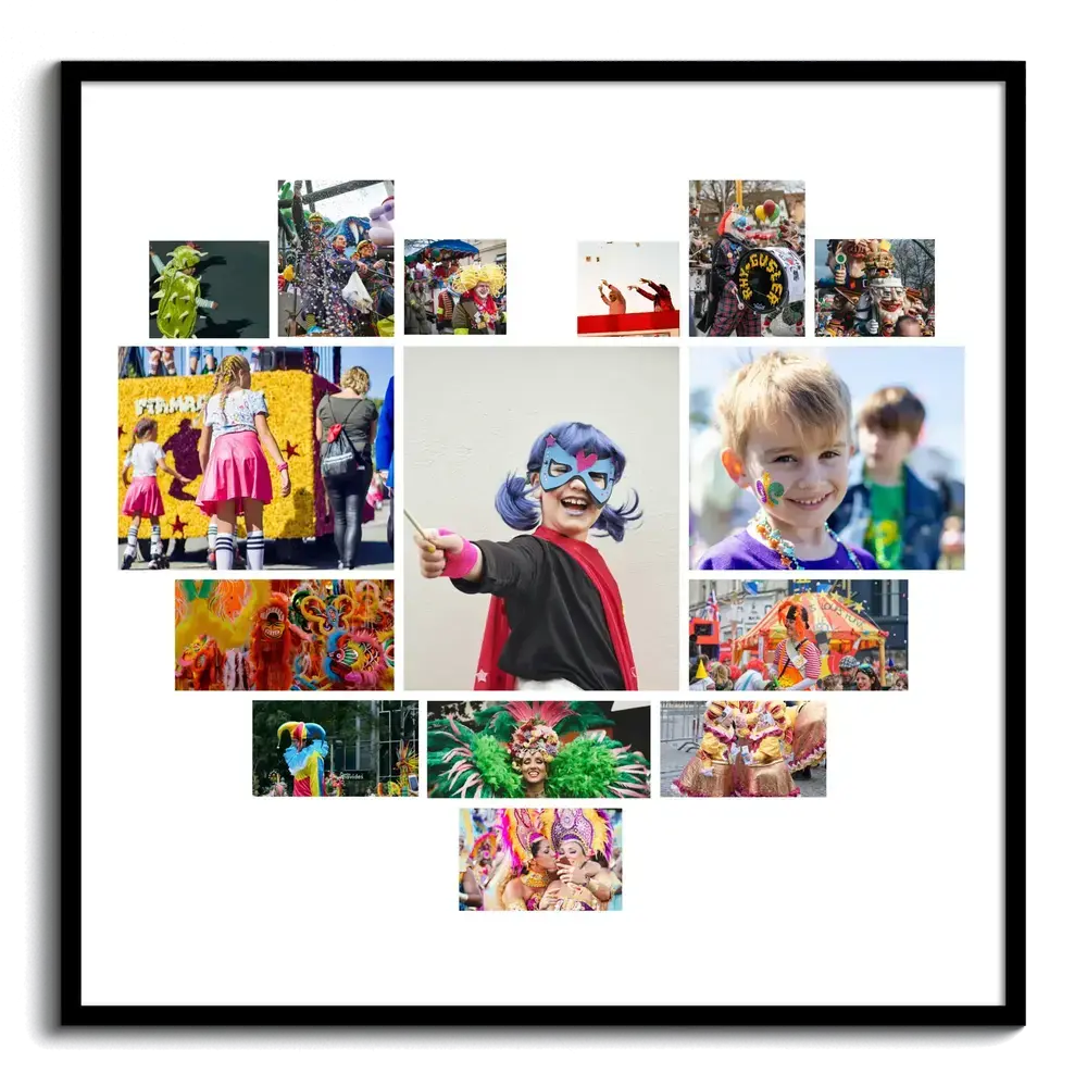 Collage de fotos de carnaval en forma de corazón, con disfraces y niños maquillados sobre blanco, en marco negro