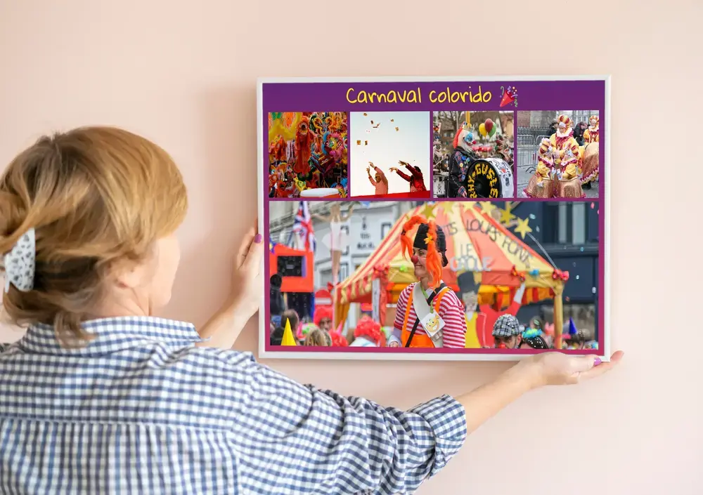 Collage de fotos de carnaval con texto sobre fondo morado, en una pared clara, un regalo para la familia
