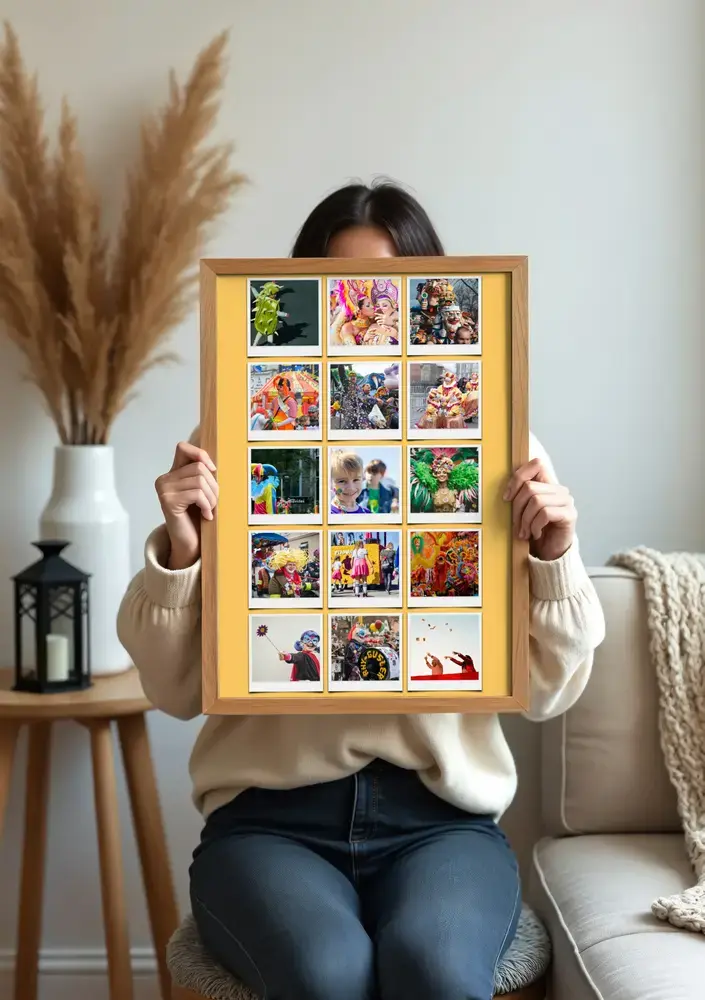 Collage de fotos de carnaval con fondo amarillo y marco de madera en el salón, un regalo para amantes del carnaval