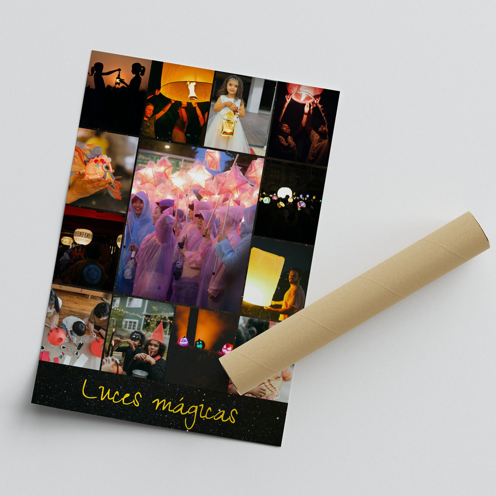 Póster con collage de fotos de farolillos y texto amarillo, junto a un tubo de cartón, un regalo para la familia