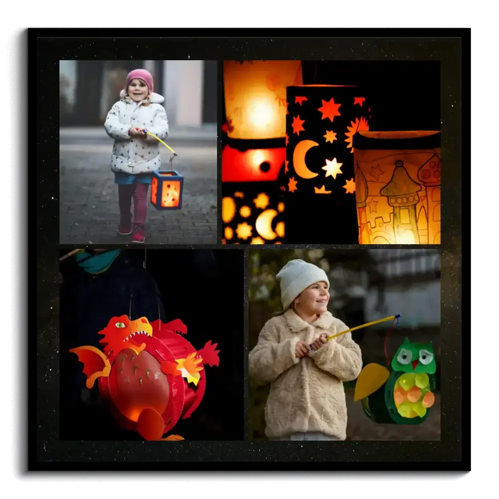Collage de cuatro fotos de niños y farolillos de colores sobre fondo oscuro, enmarcado en negro