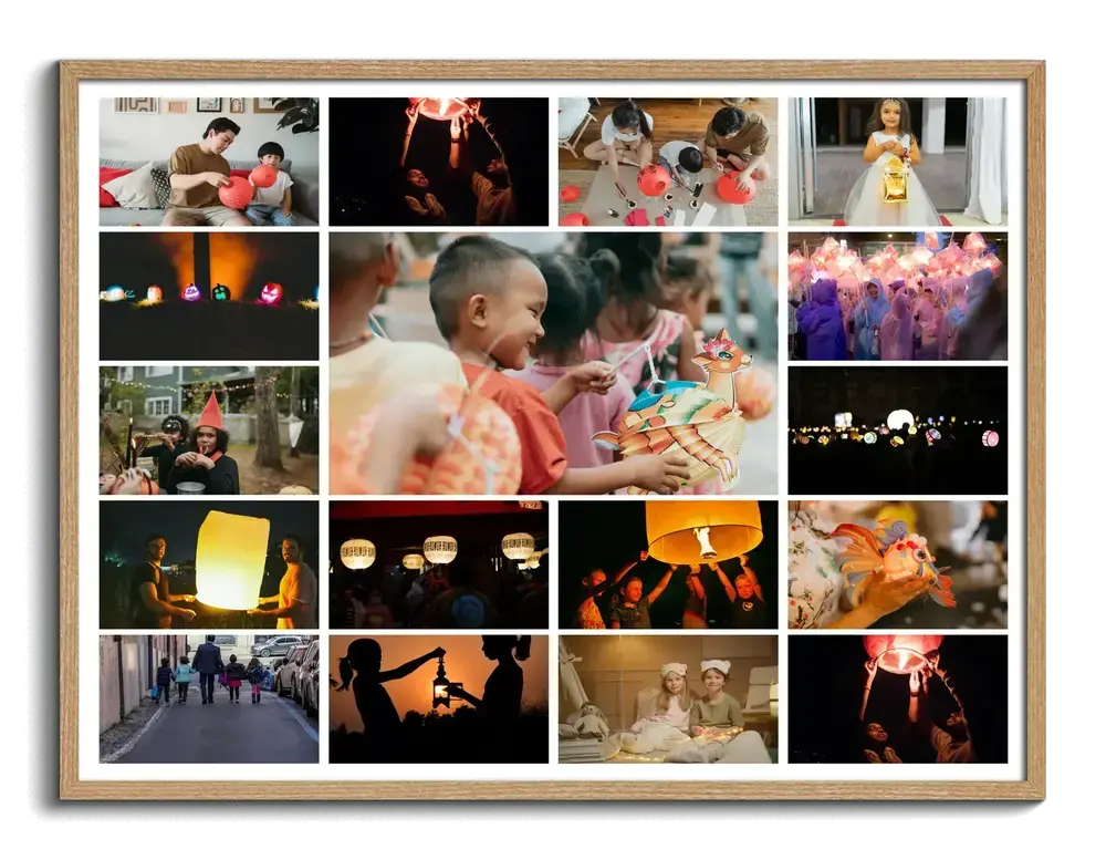 Collage horizontal de un desfile de farolillos con foto central grande y bordes blancos, en un marco de madera