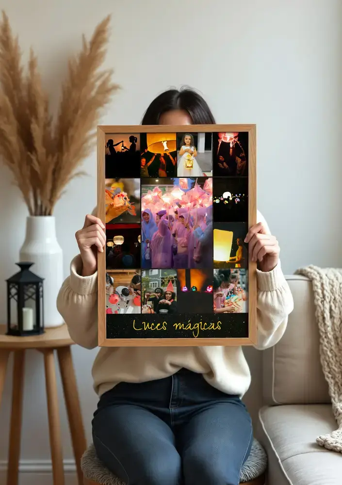 Collage de fotos de un desfile de farolillos con texto y marco de madera en el salón, un regalo para los abuelos