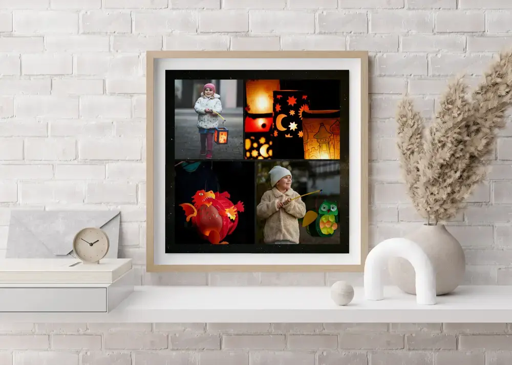 Collage enmarcado de cuatro fotos con farolillos sobre un aparador blanco, un regalo lleno de recuerdos para los abuelos