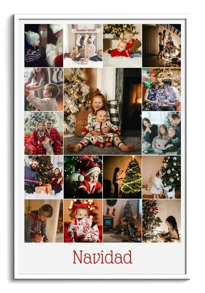 Collage de fotos navideñas con niños y árboles decorados, en marco blanco, como regalo de Navidad para la familia
