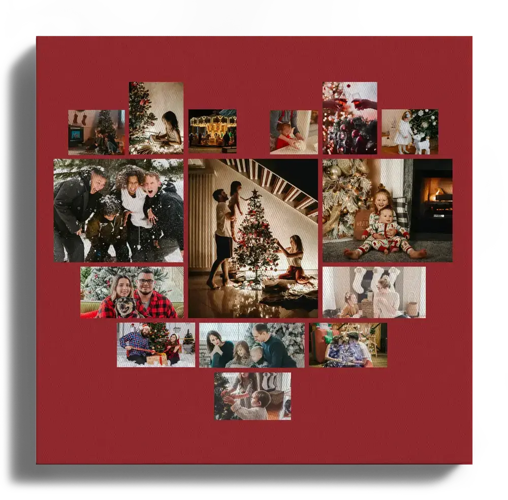 Collage de fotos de Navidad en lienzo, con imágenes familiares en forma de corazón sobre fondo rojo oscuro