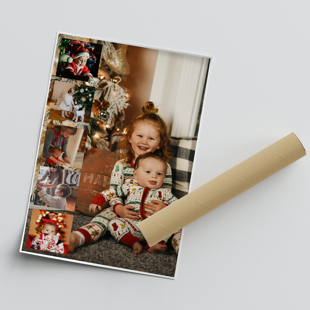 Póster collage para regalar en Navidad, con foto grande de niños y tira lateral de fotos, junto a un tubo de envío