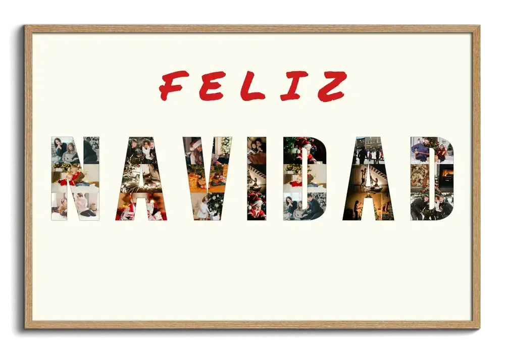 Collage de Navidad con letras hechas de fotos y marco de madera, un regalo para la familia