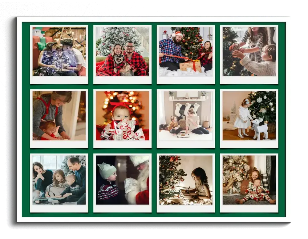 Collage de Navidad con doce fotos familiares de estilo Polaroid sobre fondo verde oscuro, en un marco blanco