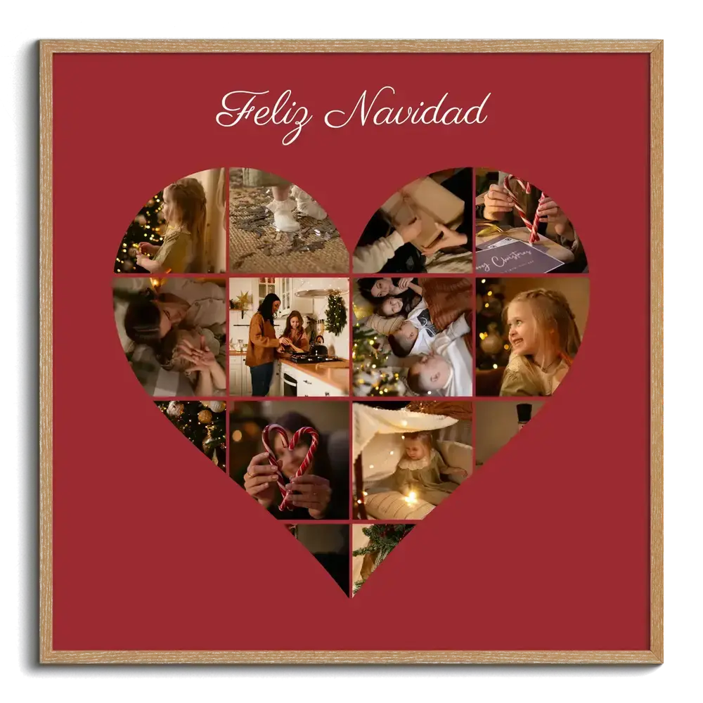 Collage de fotos en forma de corazón sobre fondo rojo y con marco de madera, un regalo de Navidad para la familia