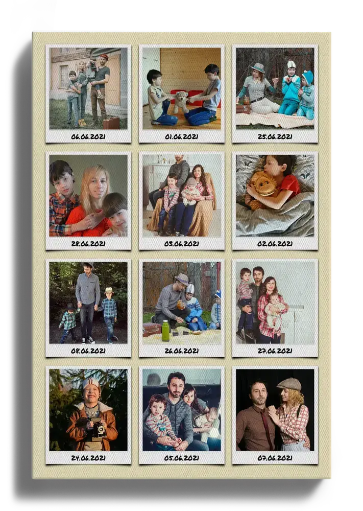 Collage en lienzo con 12 fotos de vacaciones de estilo instantáneo y fechas sobre fondo beige