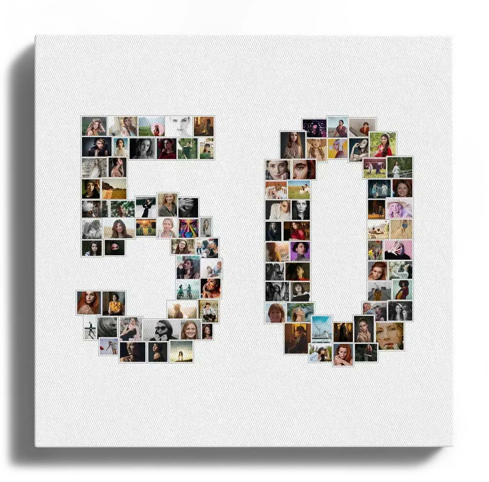 Collage de fotos con forma de 50 sobre lienzo blanco, un regalo personalizado para un aniversario