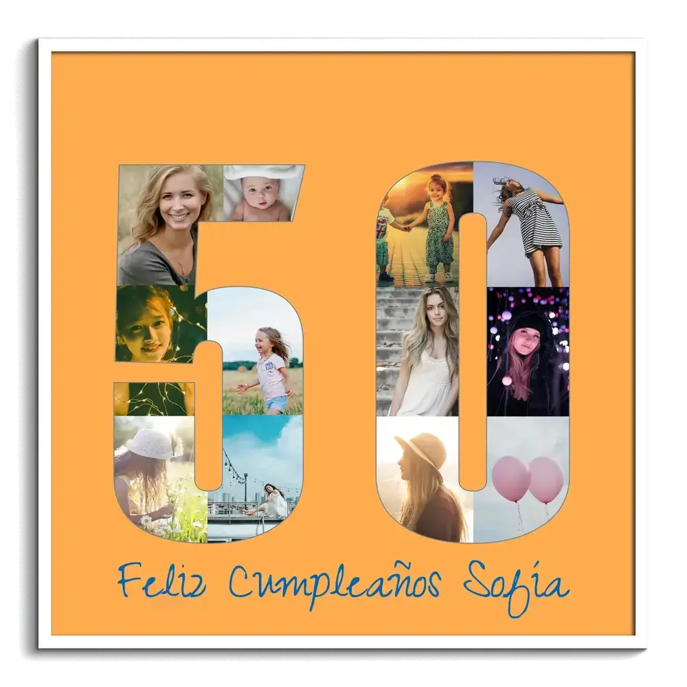 Collage de fotos en forma de 50 sobre fondo naranja y con marco blanco, un regalo de cumpleaños personalizado