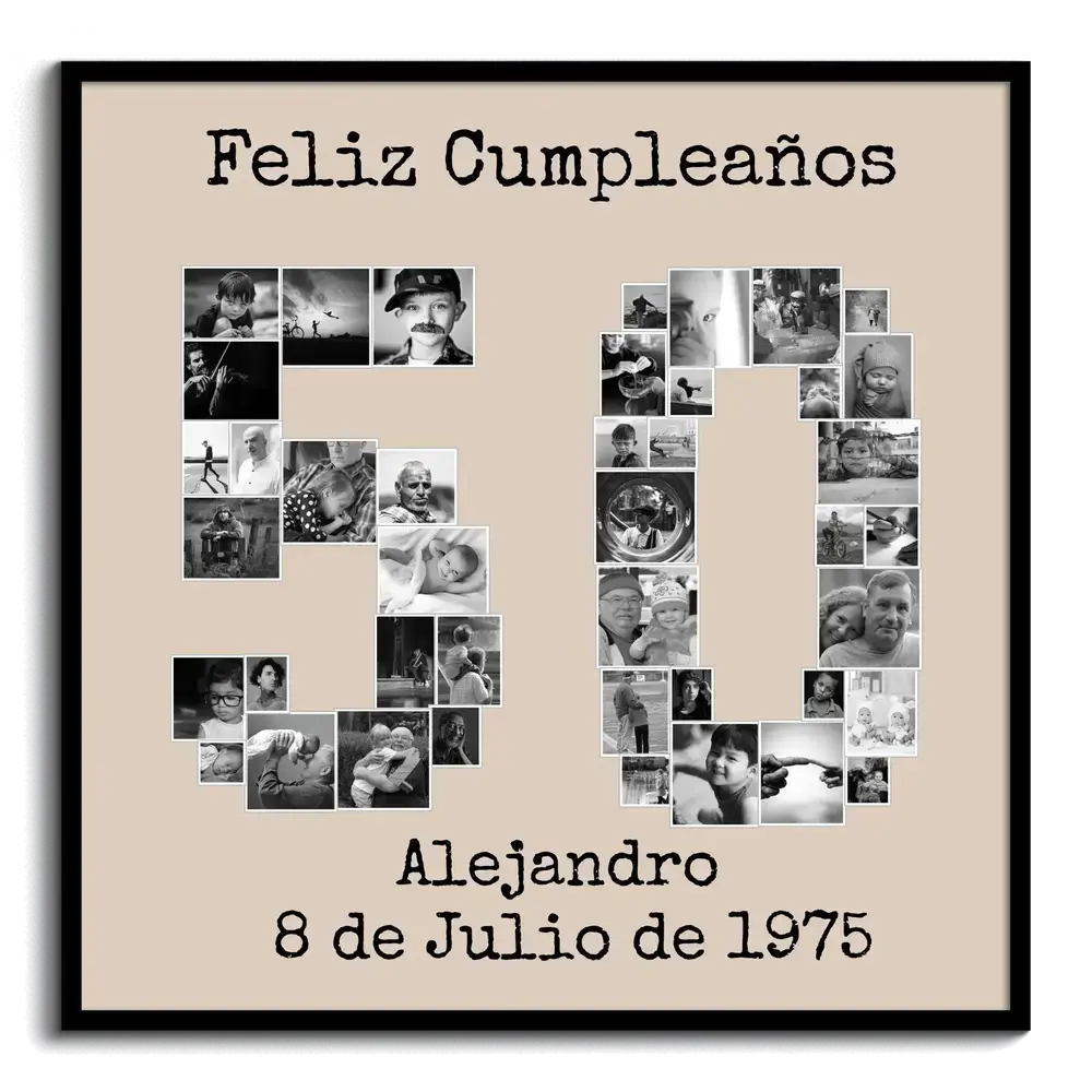Collage de fotos en blanco y negro formando un 50, con marco negro, regalo para un 50 cumpleaños
