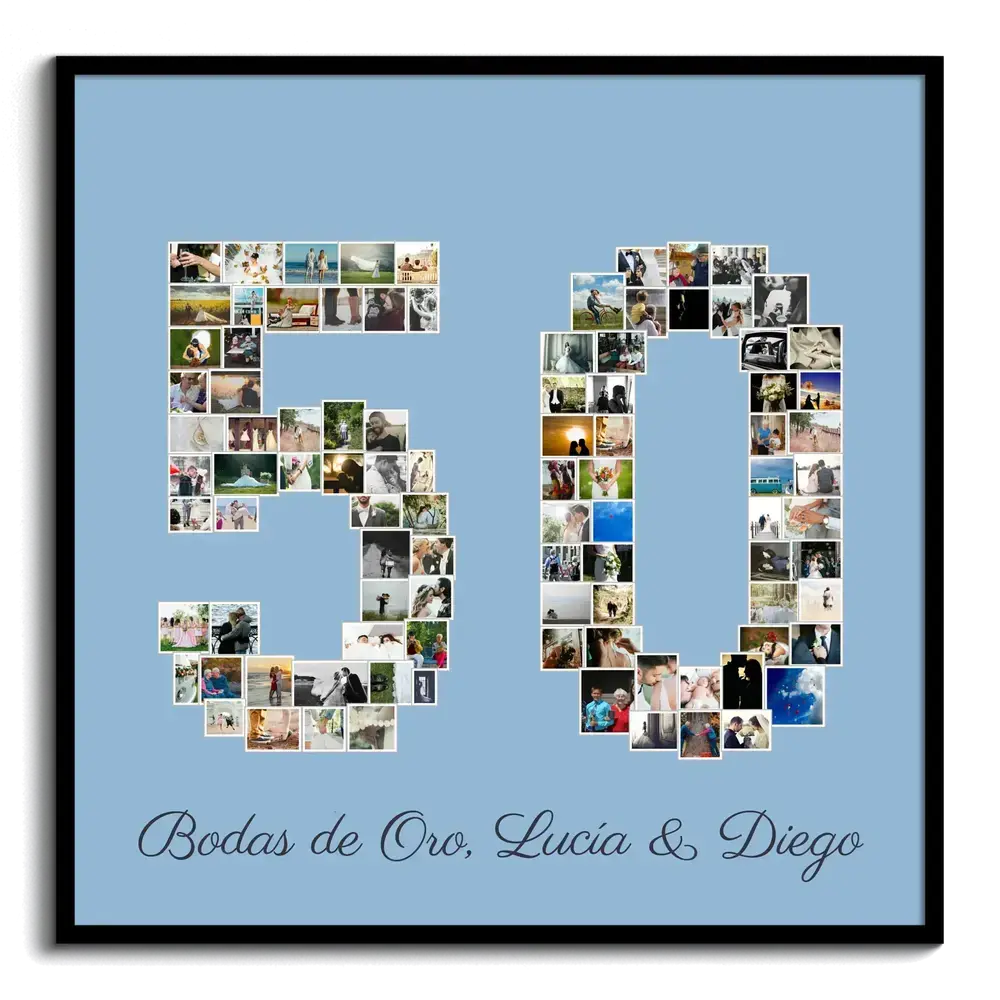 Collage de fotos formando el número 50, con fondo azul y marco negro, un recuerdo para regalar en las bodas de oro