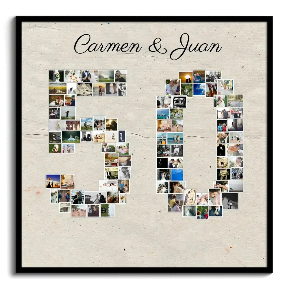 Collage de fotos con forma de 50 y nombres, en marco negro, como regalo para unas bodas de oro