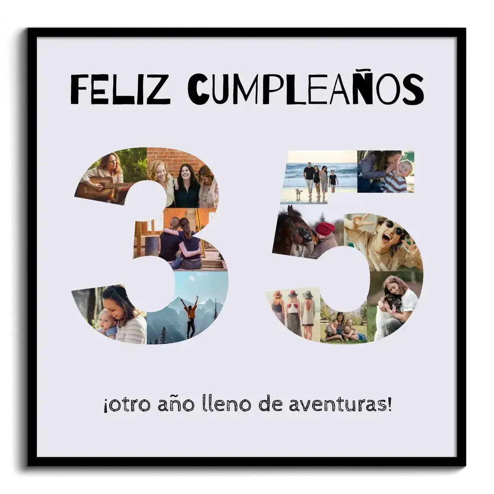Collage de fotos en forma de 35 con dedicatoria de cumpleaños sobre fondo claro y marco negro