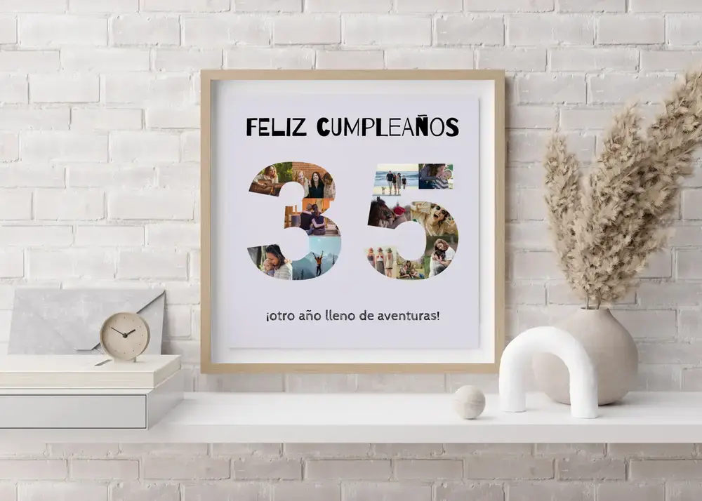 Collage de fotos en forma de 35 con marco de madera clara sobre un aparador blanco, un regalo de 35 cumpleaños