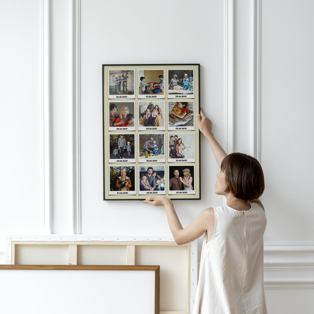 Collage de vacaciones estilo instantáneo, marco oscuro en pared blanca con molduras, regalo para amantes de los viajes