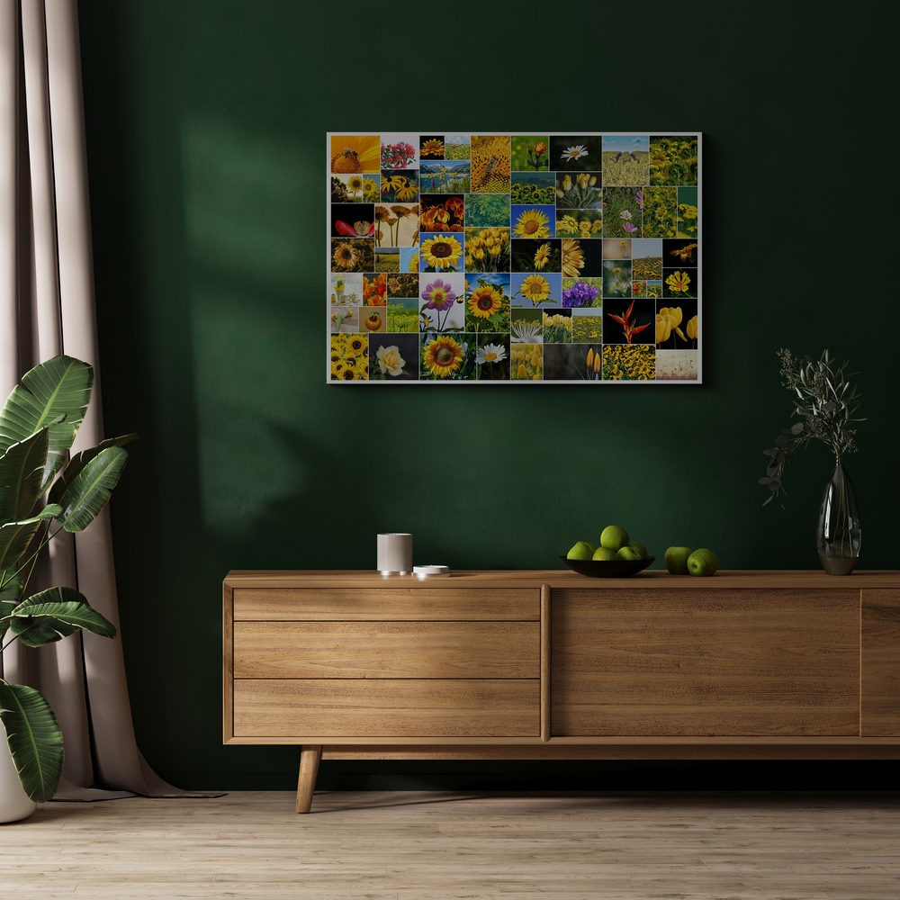 Collage de fotos de flores amarillas en una pared verde oscura, sobre un aparador de madera