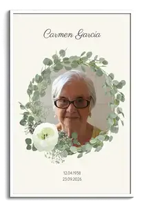 Cuadro conmemorativo personalizado con retrato, corona de eucalipto y flores blancas en marco blanco