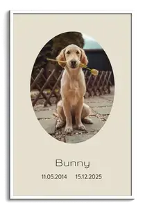 Collage homenaje para tu perro - crea con foto, nombre, fechas y frase, marco ovalado