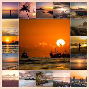 Collage de paisajes para impresión premium: playas, lagos y montañas. Crea el tuyo