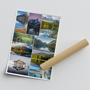 Collage de paisajes para impresión premium: playas, lagos y montañas. Crea el tuyo