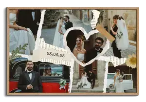Collage estilo scrapbook de boda y compromiso