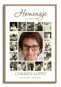 Crea tu collage conmemorativo vertical con retrato central, 16 fotos, nombre y fechas