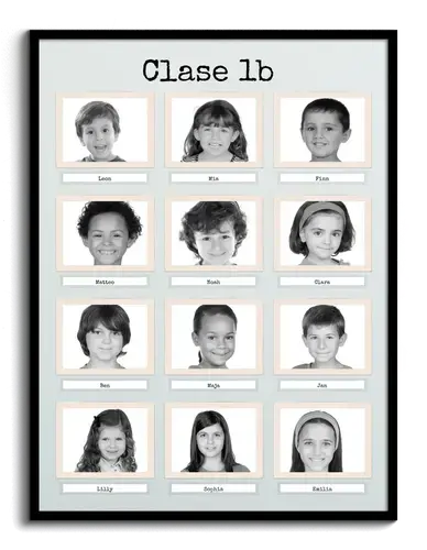 Fotos de todos los alumnos de una clase con nombres etiquetados como collage facilmente creado