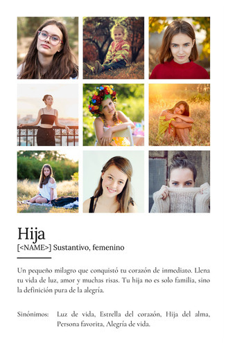 Crea tu póster definiciones: Personaliza con fotos y texto para regalar a tu hija