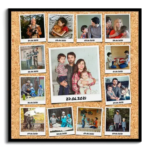 Collage creativo con fotos polaroid etiquetadas en tablero