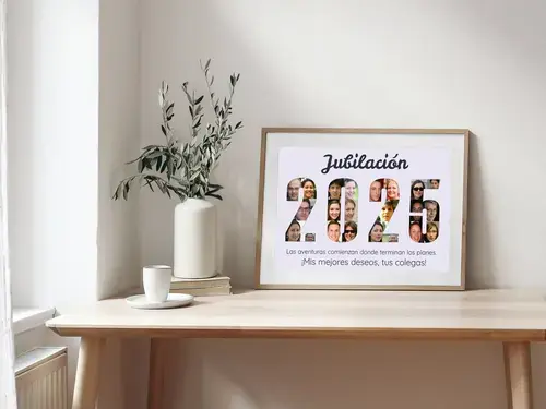 Collage fotográfica "Jubilación" con año y mensaje