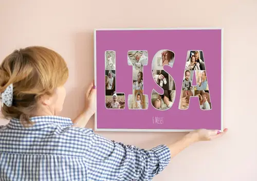 Collage fotos personalizadas nombre bebé lilas