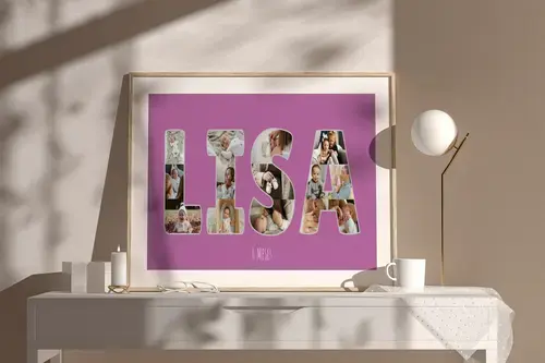 Collage fotos personalizadas nombre bebé lilas
