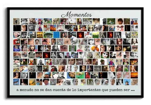 Imagen de pared como collage de fotos con frase y imagenes propias