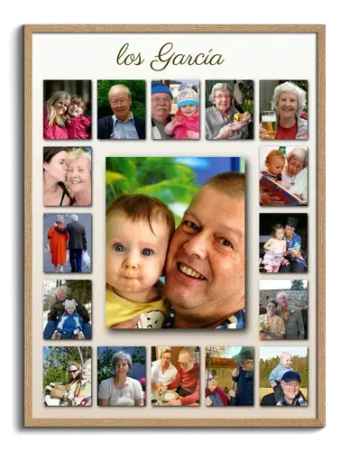 Fotos de la familia como collage creativo con texto y fondo
