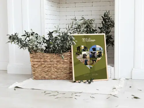 Collage homenaje de perro B/N con nombre y fechas