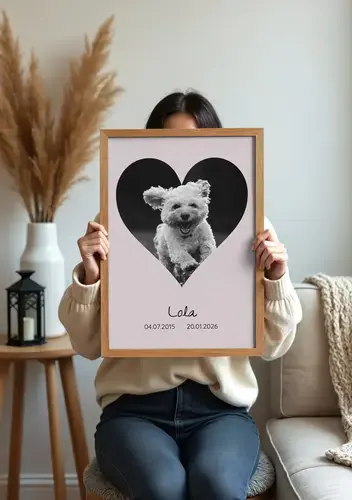 Collage silueta de perro con fotos, nombre y años