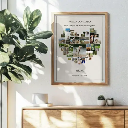 Collage silueta de perro con fotos, nombre y años